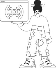 A female holding an illustration of the Internet of Things, in a linear vector style