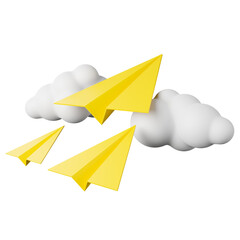 Yellow paper airplane and cloud, 3D rendering illustration.