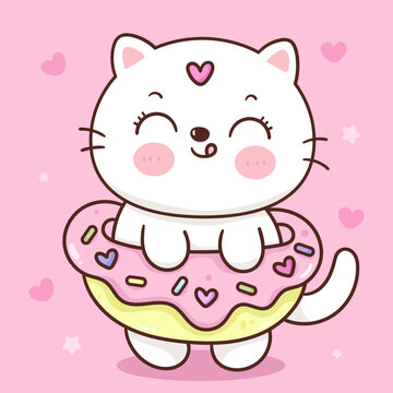 Cute Cat And Sweet Donut For Cafe Logo