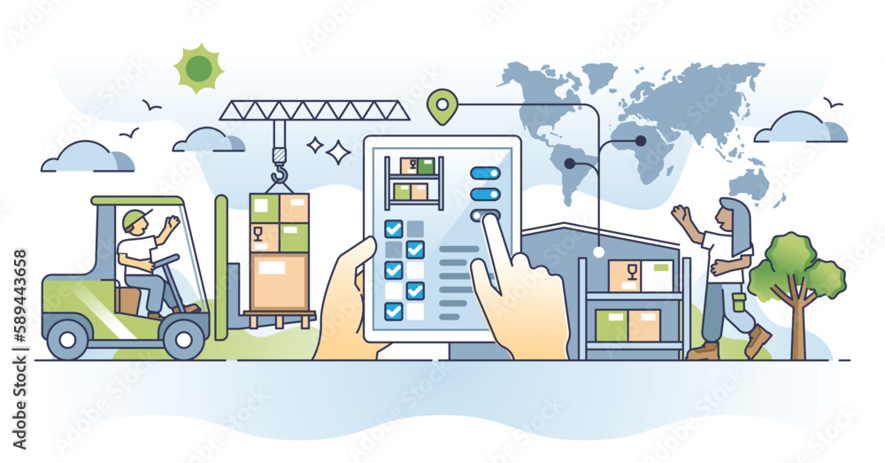 Poster inventory management and digital warehouse control work outline concept. logistic and distribution w
