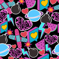 Abstract pattern hipster cool trendy Background With Retro Stickers Vector Design. Cool trendy retro stickers with heart, cartoon comic label patches. Funky, hipster retrowave stickers pattern