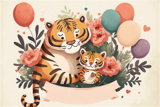 Tiger mother and baby. Cute cartoon tiger family.  Greeting card. Watercolor cartoon illustration. Generative AI