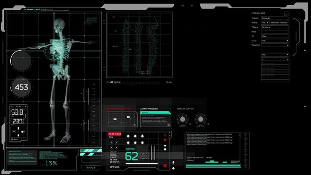 The hud interface of the futuristic medical program is a digital control panel with digital visualization of magnetic resonance imaging (MRI) capable of examining all parts of the spine and joints wit