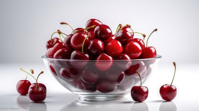 A Bowl of Sweet Cherries on a Pristine White Background