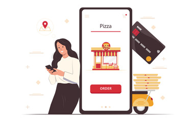Food online order smartphone. Pizza delivery.Girl ordering pizza online and paying with card. Food delivery concept for banner, website design or landing web page.