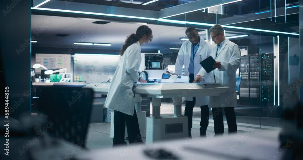 Poster Team of Industrial Engineers Working on a Mobility Robot at a Startup Factory. Multiethnic Male and Female Scientists Discussing an Automated AI Robotic Delivery Machine in a Laboratory
