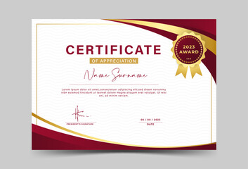 Award certificate template. fancy red color gradation, with gold outline. line pattern, wave, vector illustration