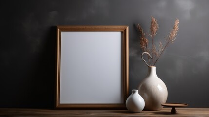 Minimalistic beauty A blank canvas with a white vase on a wooden table 