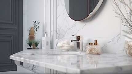 White bathroom interior, empty marble table. Generative AI