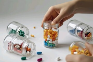 Close-up of pills pouring from a container into a hand. Colorful pills for drugs on a white background, pharmaceutical concept, medical supplies, pharmaceutics. ai generated.