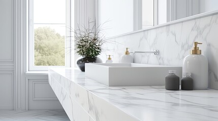 Naklejka premium White bathroom interior, empty marble table. Generative AI