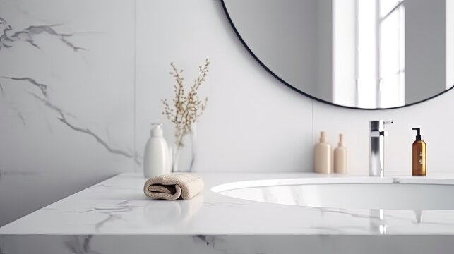 White bathroom interior, empty marble table. Generative AI