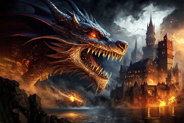 Dragon with burning castle Created with Generative AI Technology