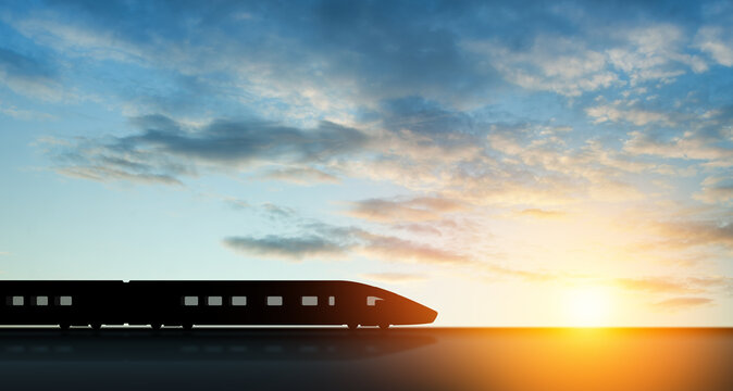 High Speed Train Silhouette In Motion At Sunset. Fast Moving Modern Passenger Train On Railway Platform. Commercial Transportation.