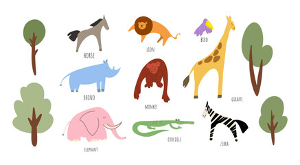 vector savanna animals clip art illustrations, doodle drawings of zebra, crocodile, horse, lion, giraffe, monkey, elephant, bird, rhino, trees, stickers for notebook, cute characters for children 
