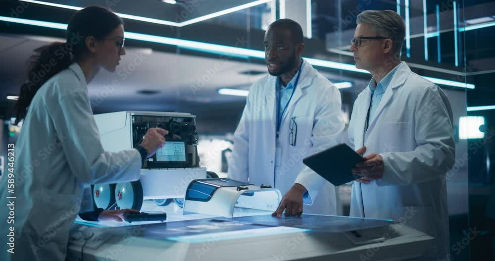 Poster Portrait of a Diverse Team of Industrial Robotics Specialists Working on a Mobile Robot. Engineers In Lab Coats Discussing an Automated Robotic Delivery Assistant with Artificial Intelligence