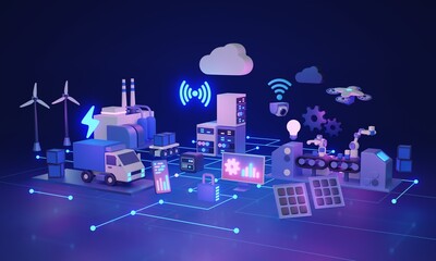 IOT industrial or internet of things for business factory, logistics or manufacturing 3D illustration concept. Digital process automation with wireless signal devices and effective tracking or control - obrazy, fototapety, plakaty