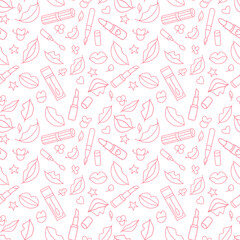 Lips and lipstick. Vector seamless pattern with lips, lipstick, hearts and stars.