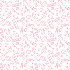 Lips and lipstick. Vector seamless pattern with lips, lipstick, hearts and stars.