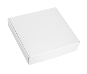 Closed blank white carton pizza box isolated on transparent background