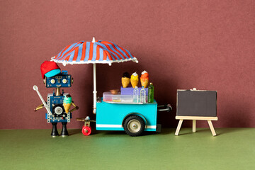 Mobile ice cream cart and robot seller. A funny smiling robotics shopman with ice cream. Empty...