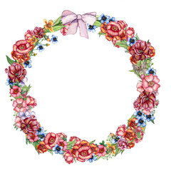Spring flowers wreath,watercolor illustration for cards,backgrounds. Watercolor illustration for scrapbooking. Cartoon hand drawn background with flower for kids design.Perfect for wedding invitation.