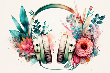 Watercolor headphones with floral design. Generative ai.