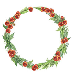 Spring flowers wreath,watercolor illustration for cards,backgrounds. Watercolor illustration for scrapbooking. Cartoon hand drawn background with flower for kids design.Perfect for wedding invitation.