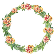 Spring flowers wreath,watercolor illustration for cards,backgrounds. Watercolor illustration for scrapbooking. Cartoon hand drawn background with flower for kids design.Perfect for wedding invitation.