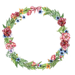 Spring flowers wreath,watercolor illustration for cards,backgrounds. Watercolor illustration for scrapbooking. Cartoon hand drawn background with flower for kids design.Perfect for wedding invitation.