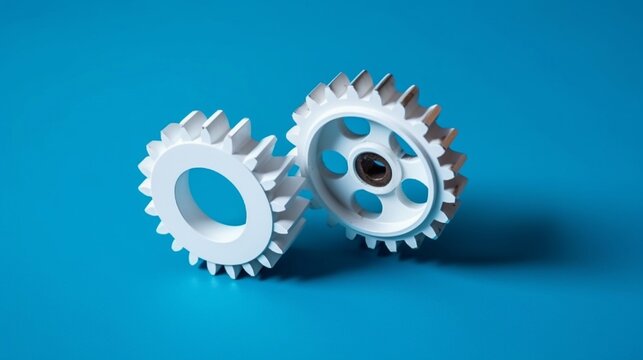 Two white gears on a blue background with a space for copying. Generative AI.