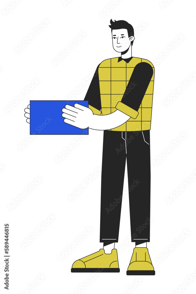 Poster smiling man with blue block linear flat color vector character. editable figure. full body person on