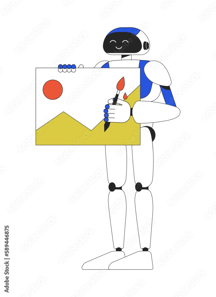 Poster satisfied humanoid robot with painting linear flat color vector character. editable figure. full bod