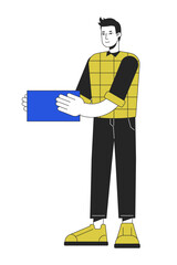 Smiling man with blue block linear flat color vector character. Editable figure. Full body person on white. Thin line cartoon style spot illustration for web graphic design and animation