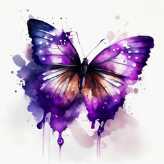 Watercolor purple butterfly on white background. Generative ai.