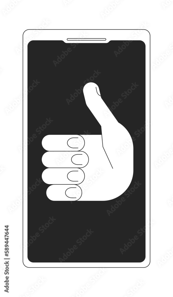 Poster mobile phone screen with thumb up hand monochrome flat vector object. editable black and white icon.