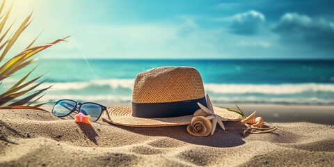 shell shells, starfish, straw hats and sunglasses on the beach.