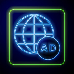 Glowing neon Advertising icon isolated on blue background. Concept of marketing and promotion process. Responsive ads. Social media advertising. Vector
