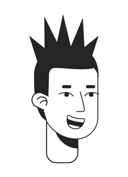 Happy young man with mohawk hair monochromatic flat vector character head. Black white avatar icon. Editable cartoon user portrait. Lineart ink spot illustration for web graphic design and animation
