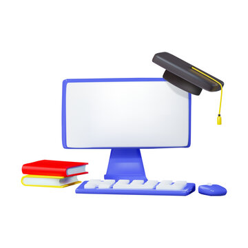 The concept of online home learning. Computer with academic cap, textbooks, keyboard and mouse. Vector illustration 3d render.
