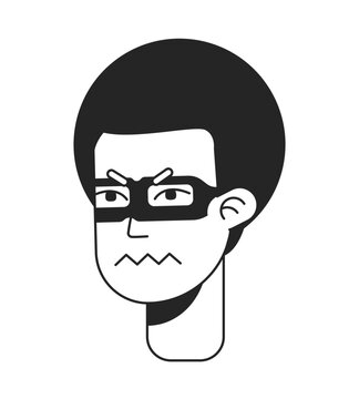 Kinky haired gang member feeling angry monochromatic flat vector character head. Black white avatar icon. Editable cartoon portrait. Lineart ink spot illustration for web graphic design, animation