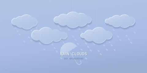 Raining. Background. Paper cut clouds. Rain clouds. Vector illustration with raindrops falling.