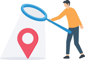 Location search for business address, map or direction to navigate or find position, office location concept, man with map location pin, find new location, tracking location concept
