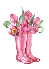 Watercolor rubber boots with tulip flower bouquet for holiday invitations and cards.