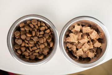 dry and wet pet food in bowls comparison, canned food and dry feed for dogs and cats on a table