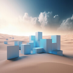 The image depicts blue squares and rectangles on a desert landscape. The shapes seem to be containers or storage units, possibly belonging to a bison farm or ranch. The vast expanse of sand and sky