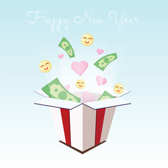 Green banknotes, pink hearts, yellow smile faces, Happy new year flying from white gift box with red ribbon. Surprised box. Wish you all the best. 3D vector illustration isolated on blue background. 