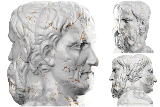 Render of Double Herm of Aristophanes and Menander in marble and gold.