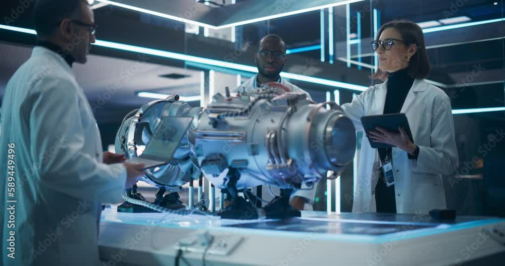 Fototapete Smart Team of Engineers, Tech Scientist and Machinery Operators Collaborate on a New Type of a Electric Turbine Engine, Using Computers and Measuring Tools in Scientific Technology Lab
