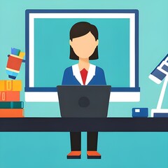 Kobieta przy komputerze, praca, studia. Wygenerowane AI. - obrazy, fototapety, plakaty